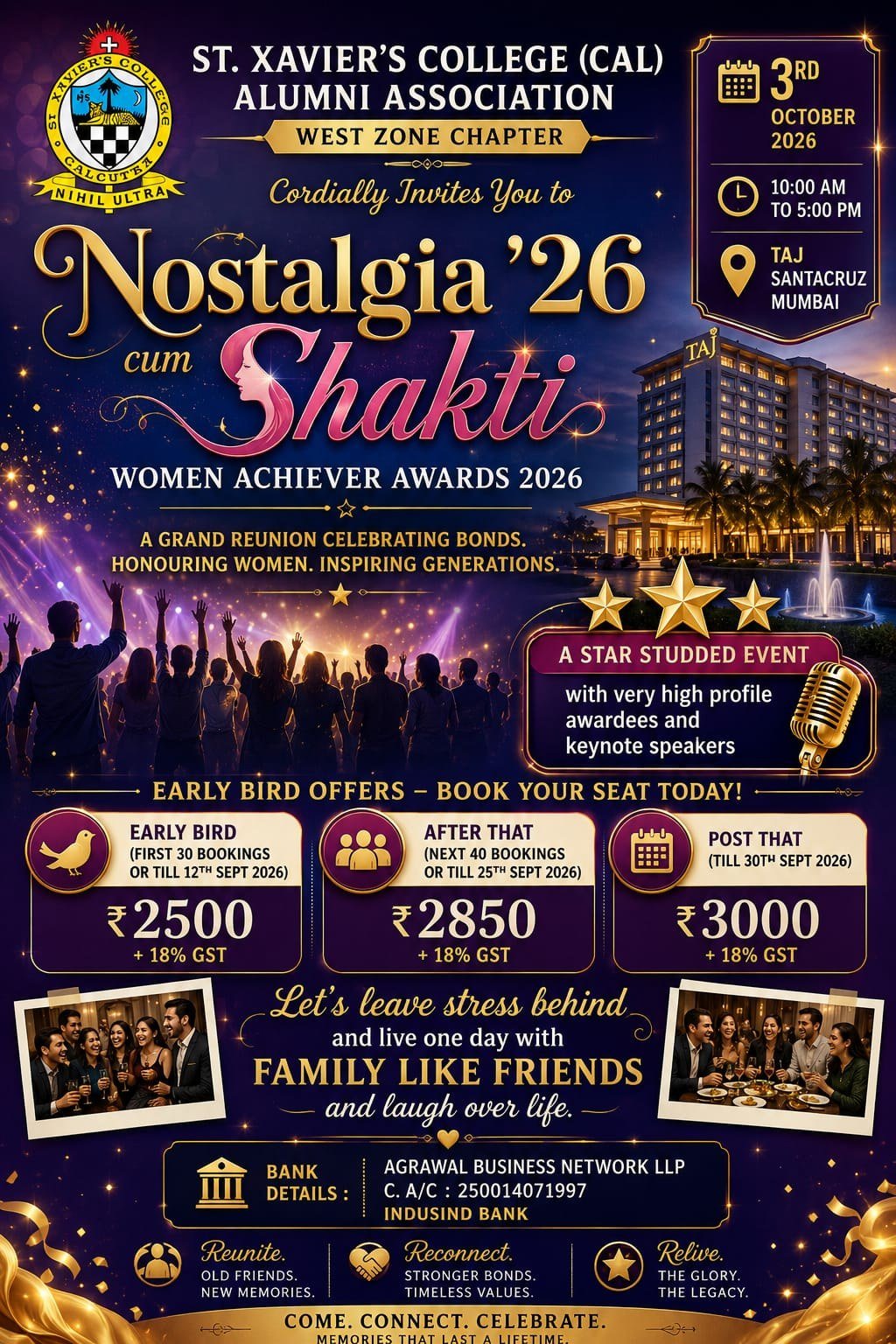 Poster for Nostalgia '26 cum Shakti, the Women Achiever Awards 2026, presented by the West Zone Chapter of the St. Xaviers College (Calcutta) Alumni Association. 3rd October 2026, 10:00 AM to 5:00 PM, Taj Santacruz, Mumbai. The poster also lists early-bird booking rates and bank details.