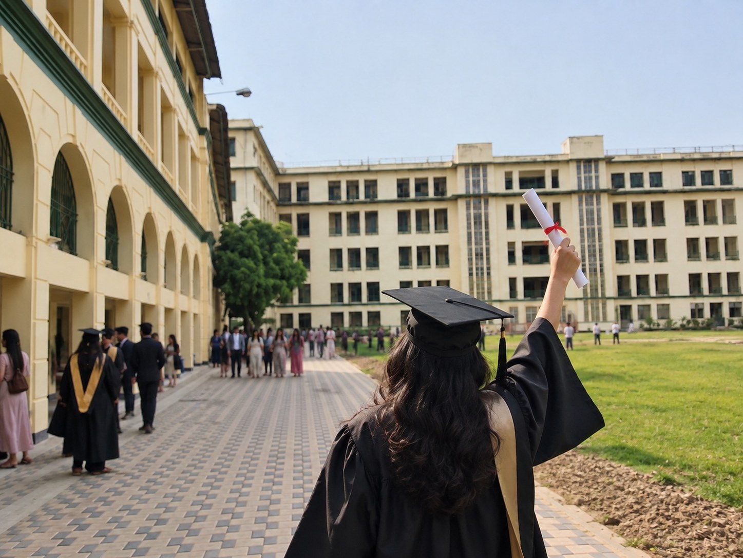 A Xaverian raising her diploma on the College grounds on graduation day
